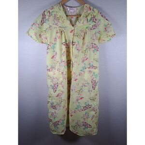 Amanda Paige Butterfly Floral House Dress Yellow Button Front Duster Pockets M